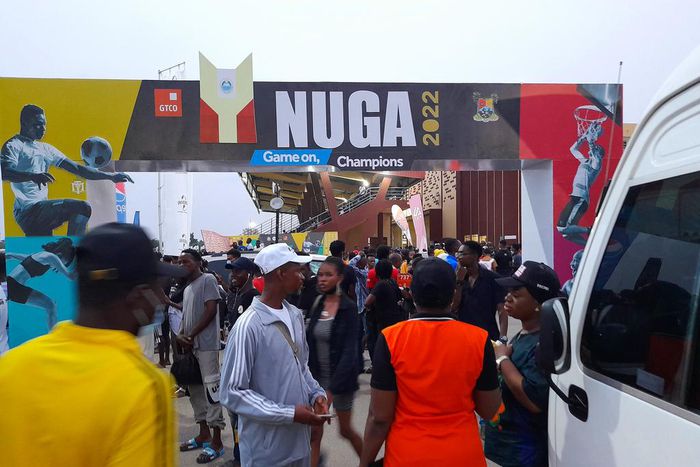 The branded entrance to the NUGA2022 Sports Centre