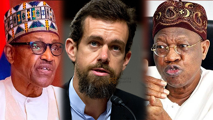 President Muhammadu Buhari, Jack Dorsey and the Minister of Information and Culture, Alhaji Lai Mohammed.  (PG)