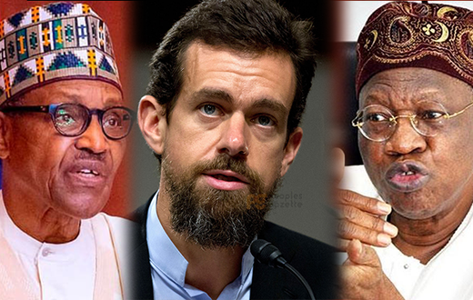President Muhammadu Buhari, Jack Dorsey and the Minister of Information and Culture, Alhaji Lai Mohammed.  (PG)