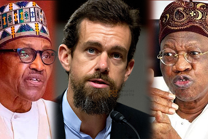 President Muhammadu Buhari, Jack Dorsey and the Minister of Information and Culture, Alhaji Lai Mohammed.  (PG)