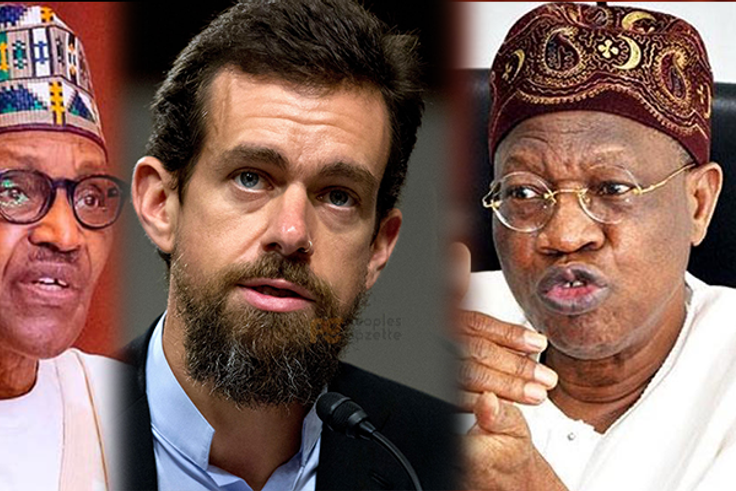 President Muhammadu Buhari, Jack Dorsey and the Minister of Information and Culture, Alhaji Lai Mohammed.  (PG)