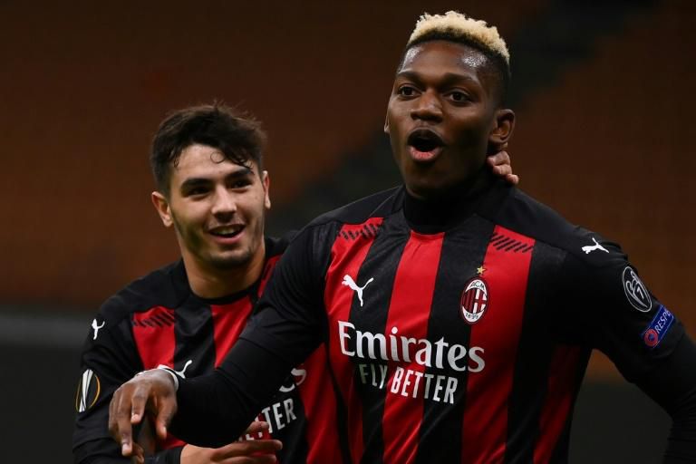 Rafael Leao (R) celebrates with Brahim Diaz (L) after both scored for AC Milan in the Europa League against Sparta Prague.
