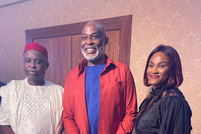 The birthday celebrant Gilbert Igweka flanked by Richard Mofe-Damijo and his wife Perpetual Igweka