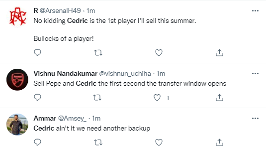 Arsenal fans blame Cedric as Nketiah scores 2 goals in 2-1 win against Leeds United