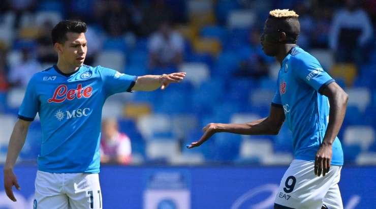 Osimhen celebrates his goal with Hirving Lozano