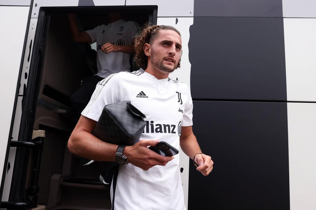 Adrien Rabiot of Juventus leaves the team bus upon arrival at he stadium for the Pre Season Friendly match at Campo Comunale Gaetano Scirea, Perosa Villar Perosa on August 4, 2022.