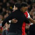 Arsenal manager Mikel Arteta hugs Pierre-Emerick Aubameyang