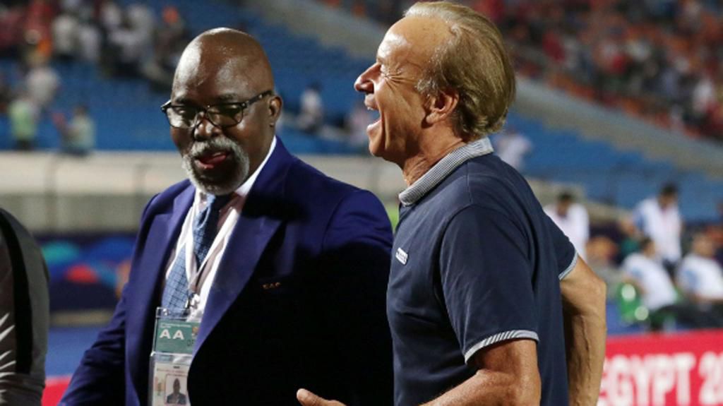 NFF President Amaju Pinnick and ex-Super Eagles manager Gernot Rohr
