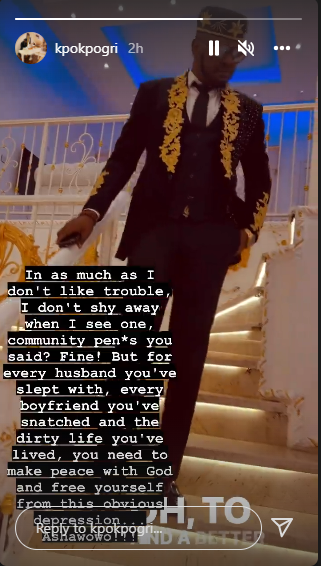 Kpokpogri says the movie star should beg God for forgiveness for all the married men she has slept with.