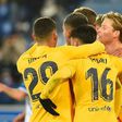 Frenkie de Jong (right) celebrates scoring the winner for Barcelona against Alaves on Sunday.