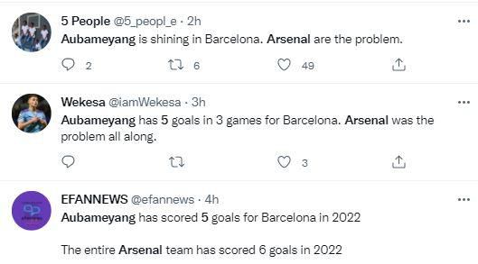 Reactions from Arsenal fans as Aubameyang shines for Barcelona