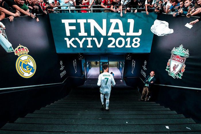 Cristiano Ronaldo walks down the tunnel at the Kyiv stadium.