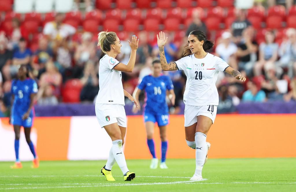 Martina Piemonte celebrates her consolation goal for Italy.