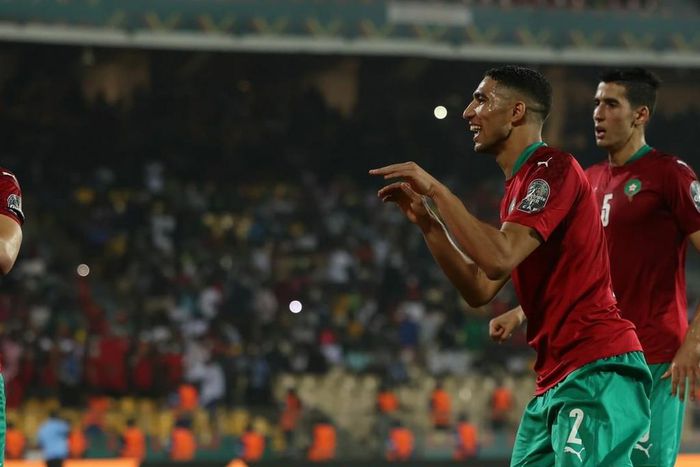 Hakimi celebrates his stunning free kick against Gabon on Tuesday.