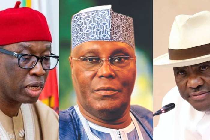 Governor Ifeanyi Okowa, Former Vice President , Atiku Abubakar and Governor Nyesom Wike. (NewsNGR)