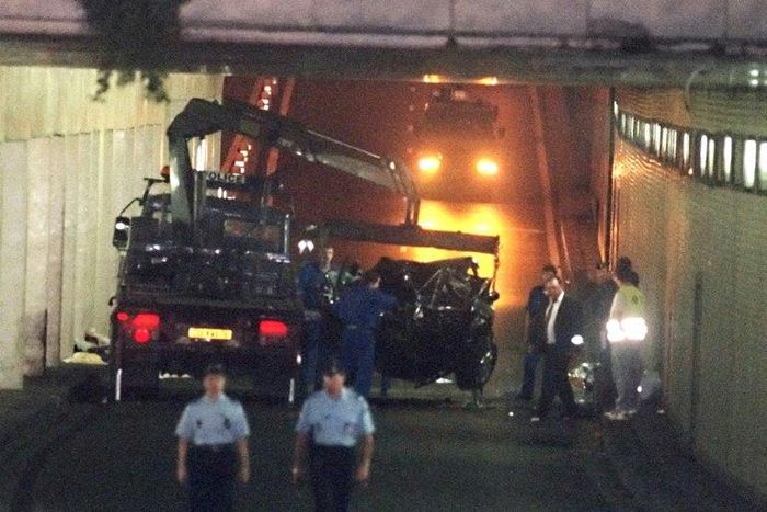 The wreckage of the car that Britain's Princess Diana was travelling in along with Dodi Al-Fayed, in the Pont de l'Alma tunnel in Paris in 1997