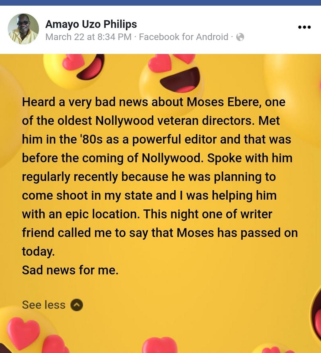 Amayo Uzo Philips confirms the death of colleague Moses Ebere [Facebook]