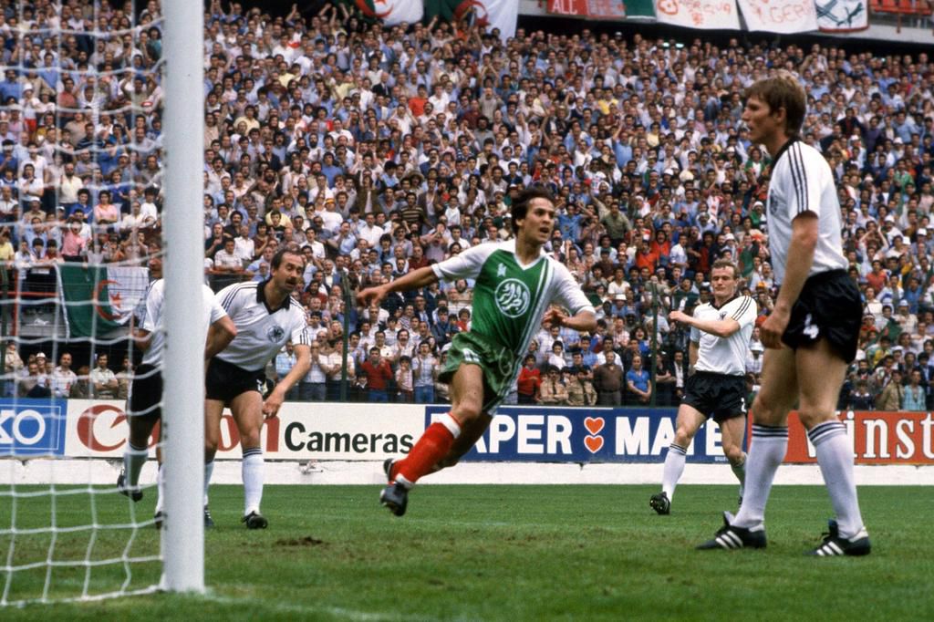 Madjer celebrates his goal in the 2-1 win over West Germany in the 1982 World Cup
