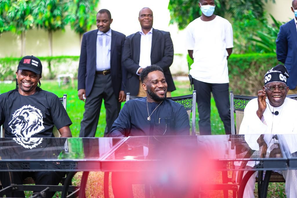 Former Super Eagles' captain Nwankwo Kanu (L), Austin JJ Okocha & All Progressives Congress National Leader, Asiwaju Bola Tinubu when the ex-internationals visited Tinubu in Ikoyi, Lagos...on Saturday.
