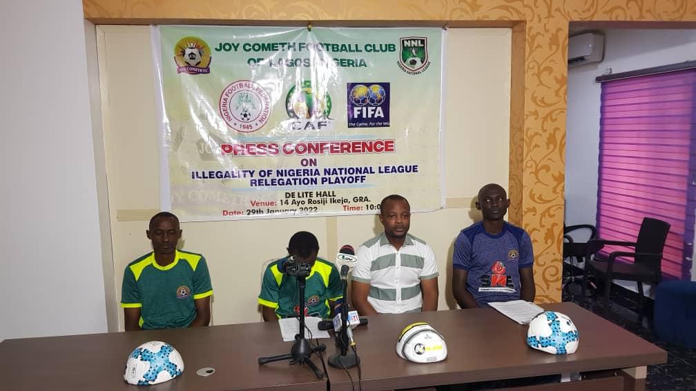 Joy Cometh FC hierarchy from left to right: Jide Oguntuwashe (chief coach), Olusanya Ogunlari (General Secretary), Tosin Ojekale (Director of Corporate Affairs) and Segun Ajiroba (general manager)