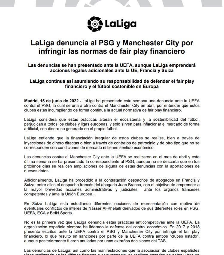 La Liga FFP complaint with UEFA over PSG and Manchester City