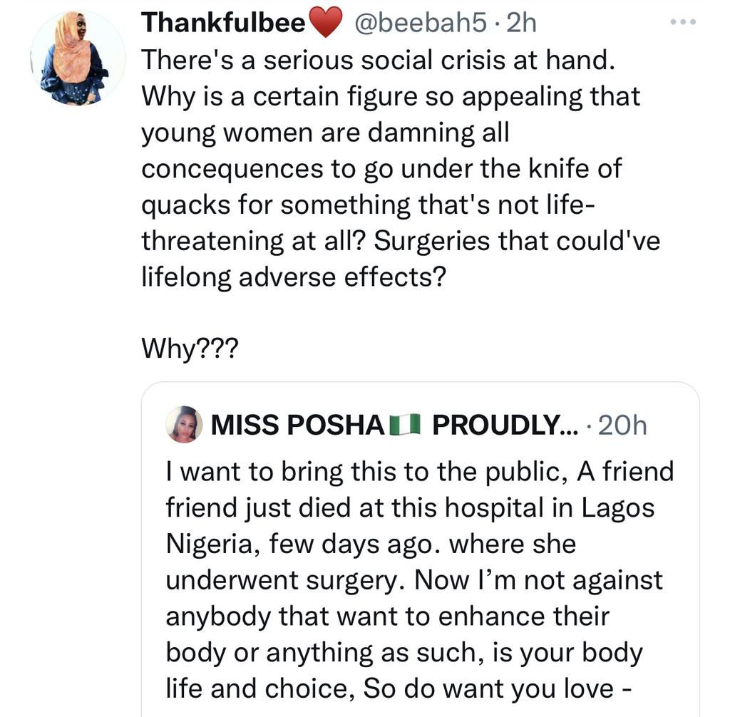 Twitter goes wild as Nigerian lady, Crystabel, dies through body enhancement surgery in Lagos