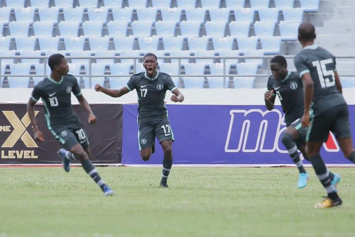 Golden Eaglets Emmanuel Michael thanks Moses Simon after scoring free kick against Ghana