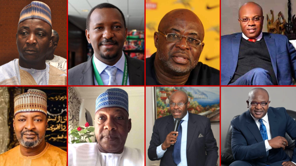 2022 NFF Elections presidential aspirants (top L-R): Ibrahim Gusau, Shehu Dikko, Seyi Akinwunmi, and Christian Emeruwa, (bottom L-R): Suleiman Yahaya-Kwande, Abba Yola, Amanze Uchegbulam and Idah Peterside