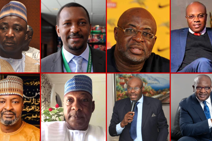 2022 NFF Elections presidential aspirants (top L-R): Ibrahim Gusau, Shehu Dikko, Seyi Akinwunmi, and Christian Emeruwa, (bottom L-R): Suleiman Yahaya-Kwande, Abba Yola, Amanze Uchegbulam and Idah Peterside
