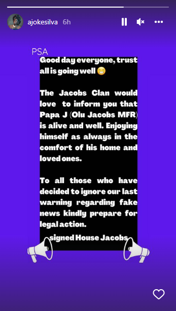 Olu Jacobs is not dead, says Joke Silva