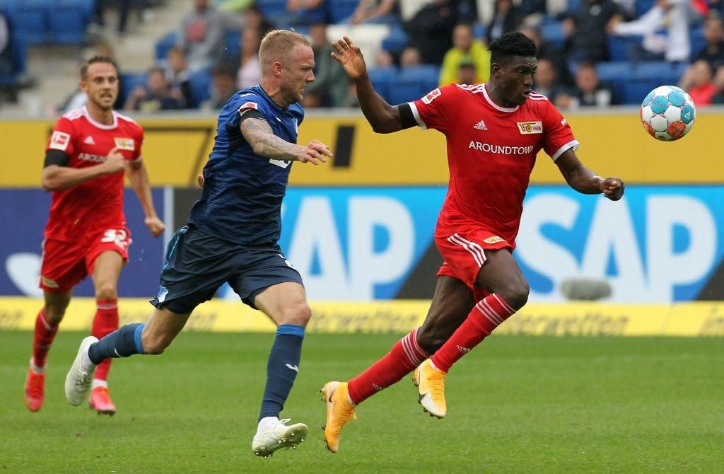 Union Berlin striker Taiwo Awoniyi (R) scored the equaliser in Sunday's 2-2 draw at Hoffenheim