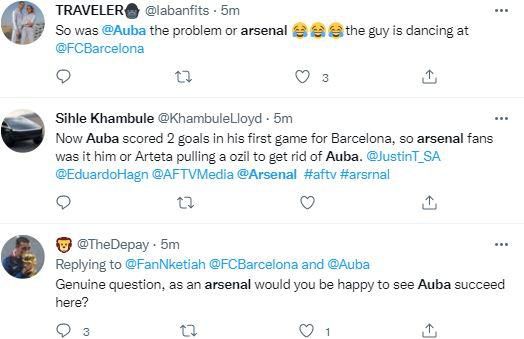Reactions of Arsenal fans as Aubameyang scores for Barcelona against Valencia