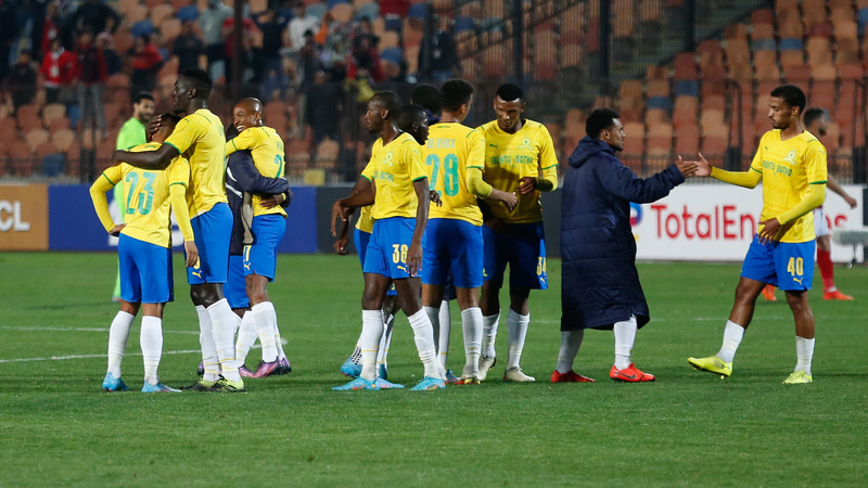 Mamelodi Sundowns players celebrate after beating Al-Ahly 1-0 during their 2022 CAF Champions League group A game