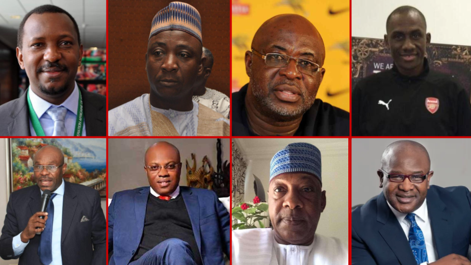 2022 NFF Presidential aspirants (top L-R): Shehu Dikko, Ibrahim Gusau, Seyi Akinwunmi, and Marcello Anyanwu, (bottom L-R): Amanze Uchegbulam, Christian Emeruwa, Abba Yola and Idah Peterside