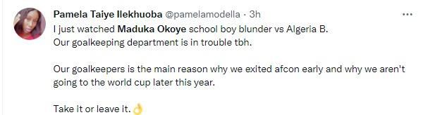 Nigerians react to Maduka Okoye's error vs Algeria B team