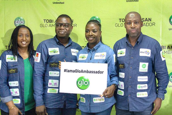 L-R: Globacom’s Director, Customer care, Catherine Bomett; Regional Manager, Lagos, Lawrence Odediran; new Glo Ambassador, Tobi Amusan, and Ag. Coordinator, Gloworld, Abdulrazaq Ande, at the unveiling of the World Champion, Tobi Amusan, as Glo Brand Am...