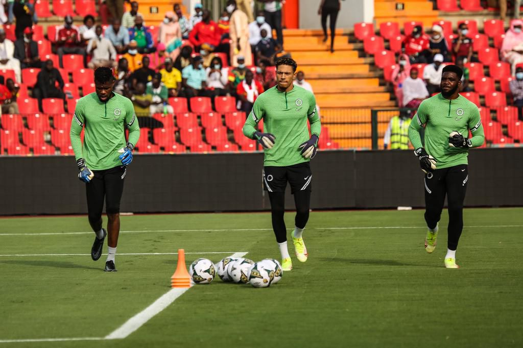 Nigeria's goalkeepers (L - R), Francis Uzoho, Maduka Okoye, and Daniel Akpeyi