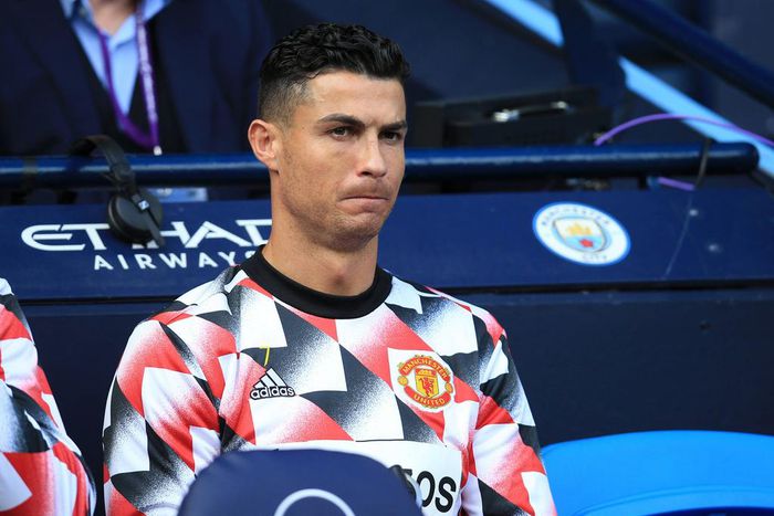 Cristiano Ronaldo of Manchester United looks on from the substitutes bench on October 2, 2022.