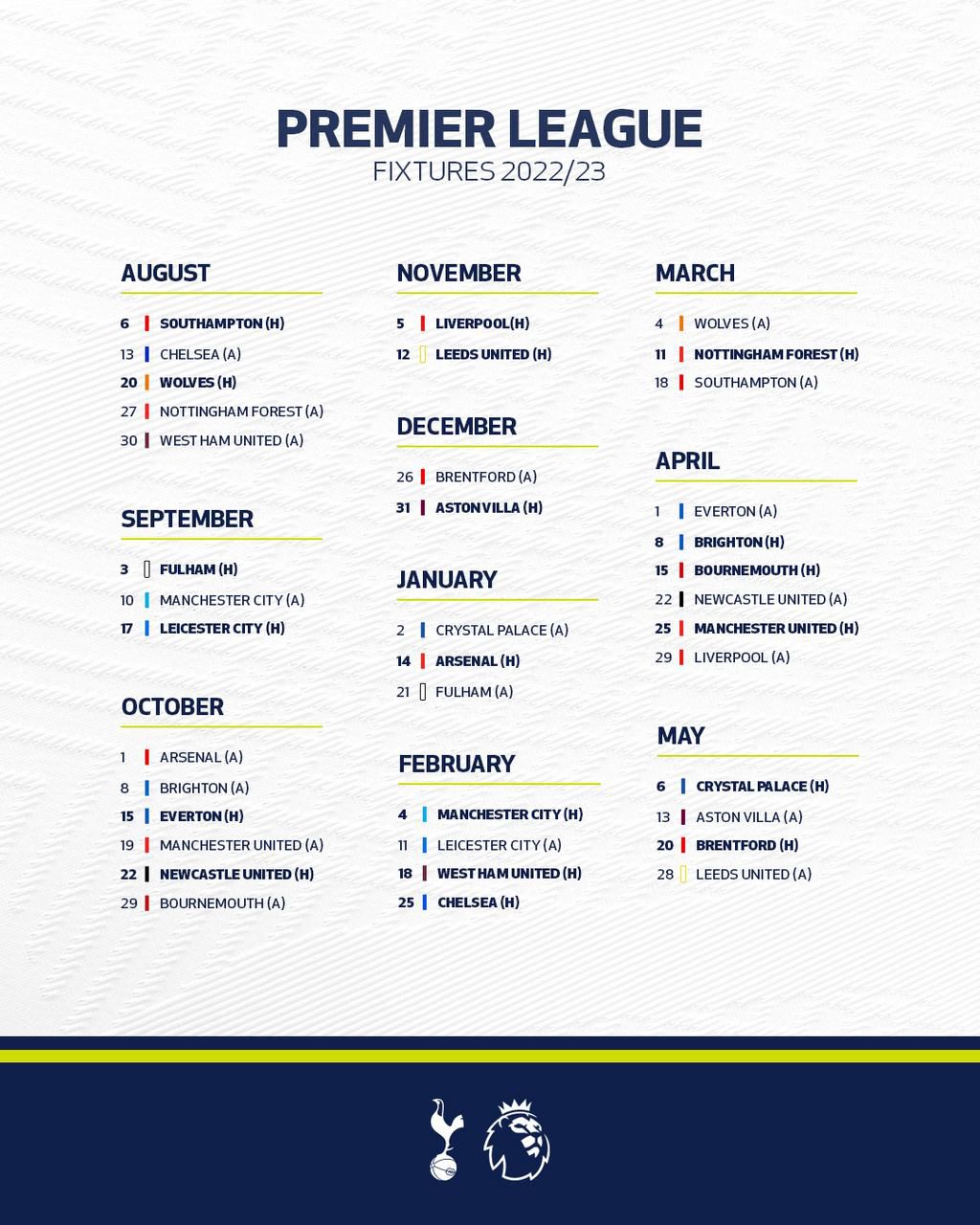 Tottenham's full fixture list for the 2022/23 Premier League season
