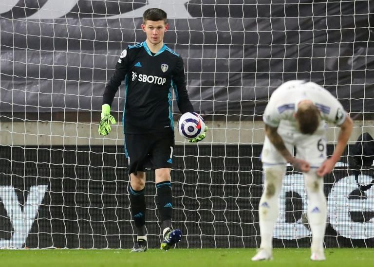 Leeds keeper Illan Meslier reacts after his own goal against Wolves