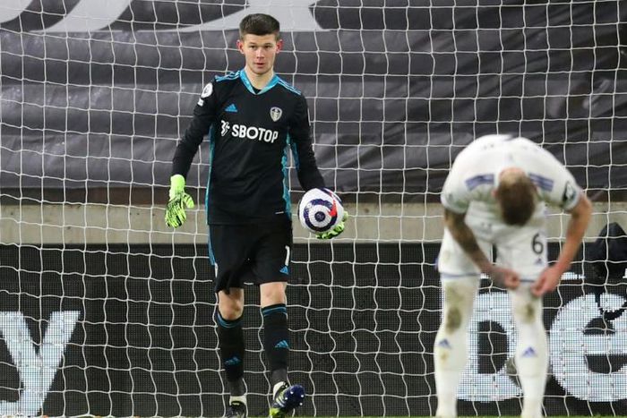 Leeds keeper Illan Meslier reacts after his own goal against Wolves