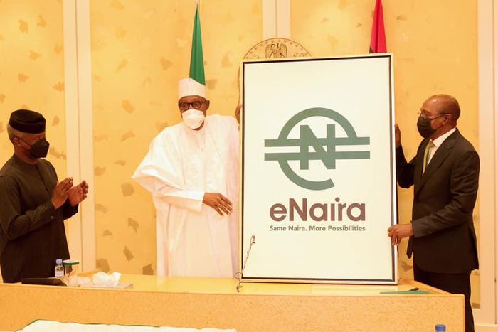 L-R: Vice President Yemi Osinbajo; President Muhammadu Buhari; and CBN Governor, Godwin Emefiele at the launch of e-Naira [Presidency]