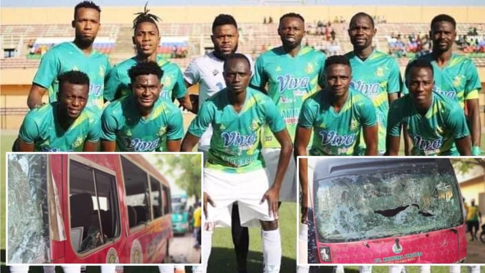 Kano Pillars (inset: Katsina United destroyed bus)