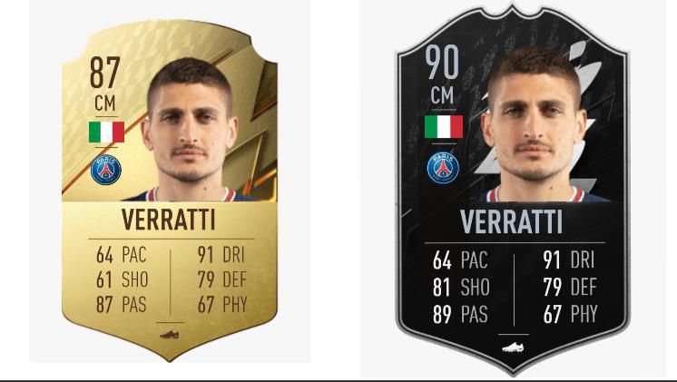Marco Verratti FIFA 22 OPR (Left) and TOTW Upgrade (Right)