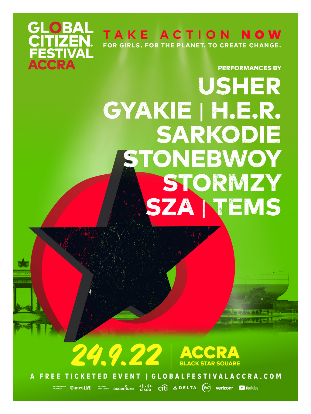 MULTI-AWARD-WINNING NIGERIAN SINGER TEMS, USHER, SARKODIE, SZA, STORMZY, H.E.R., GYAKIE AND STONEBWOY TO GRACE THE STAGE AT THE BLACK STAR SQUARE IN ACCRA, GHANA