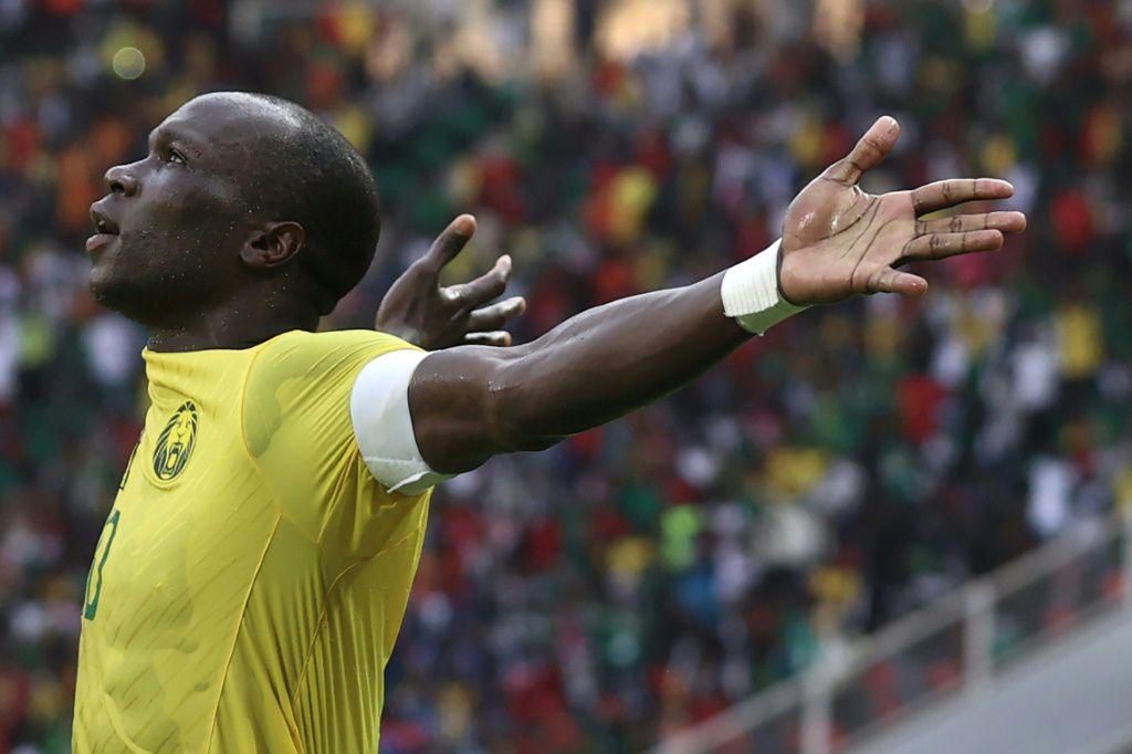 Cameroon captain forward Vincent Aboubakar celebrates scoring in an Africa Cup of Nations Group A match against Cape Verde in Yaounde on Monday