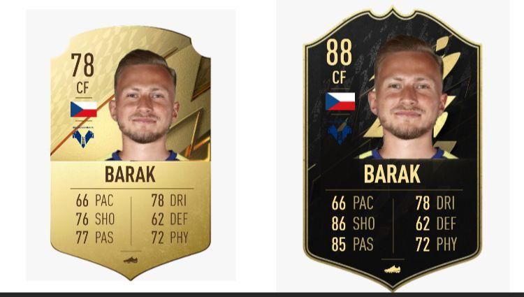 Antonín Barák FIFA 22 OPR (Left) and TOTW Upgrade (Right)