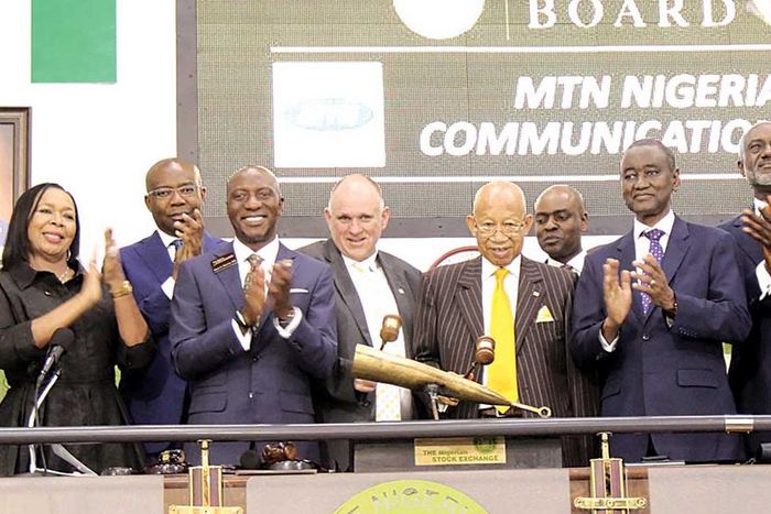 Member, National Council Member, Nigerian Stock Exchange (NSE), Mrs. Erelu Angela Adebayo (left); Ex-Officio, NSE, Aigboje Aig-Imoukhuede; Chief Executive Officer, NSE, Oscar Onyema; Chief Executive Officer, MTN Nigeria Communication Plc, Ferdi Moolman...