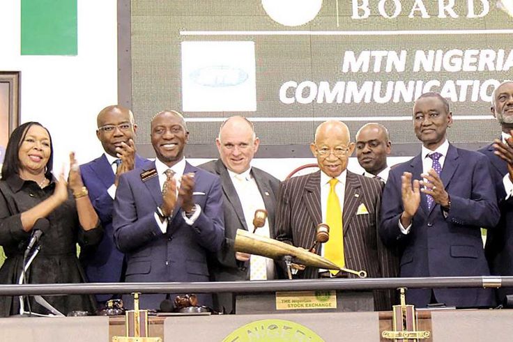 Member, National Council Member, Nigerian Stock Exchange (NSE), Mrs. Erelu Angela Adebayo (left); Ex-Officio, NSE, Aigboje Aig-Imoukhuede; Chief Executive Officer, NSE, Oscar Onyema; Chief Executive Officer, MTN Nigeria Communication Plc, Ferdi Moolman...