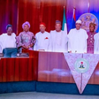 President Muhammadu Buhari and the departing ministers.  (Presidency)